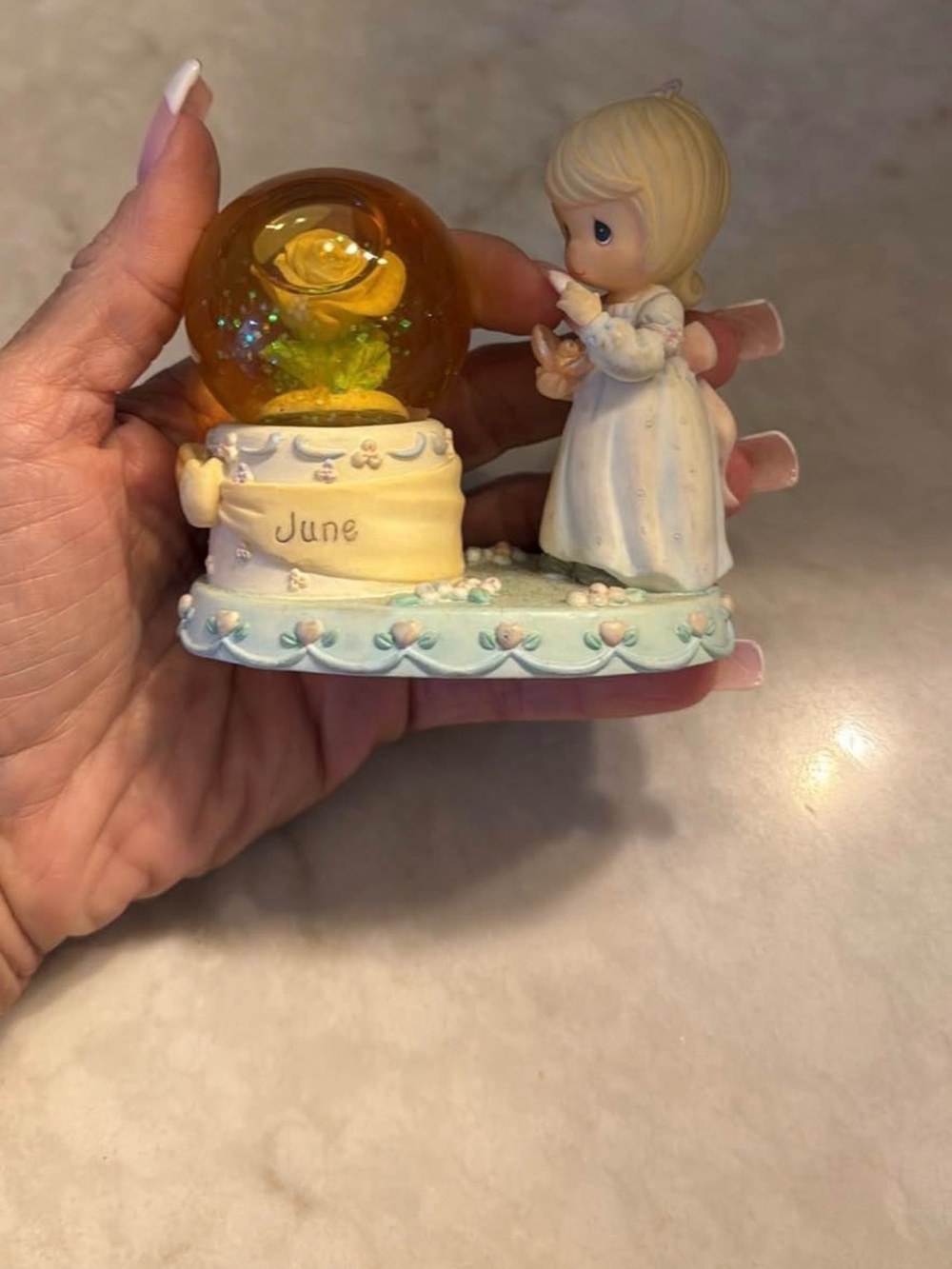 Precious Moments June Figurine with Gold Rose Globe - Cream, Blue, Gold